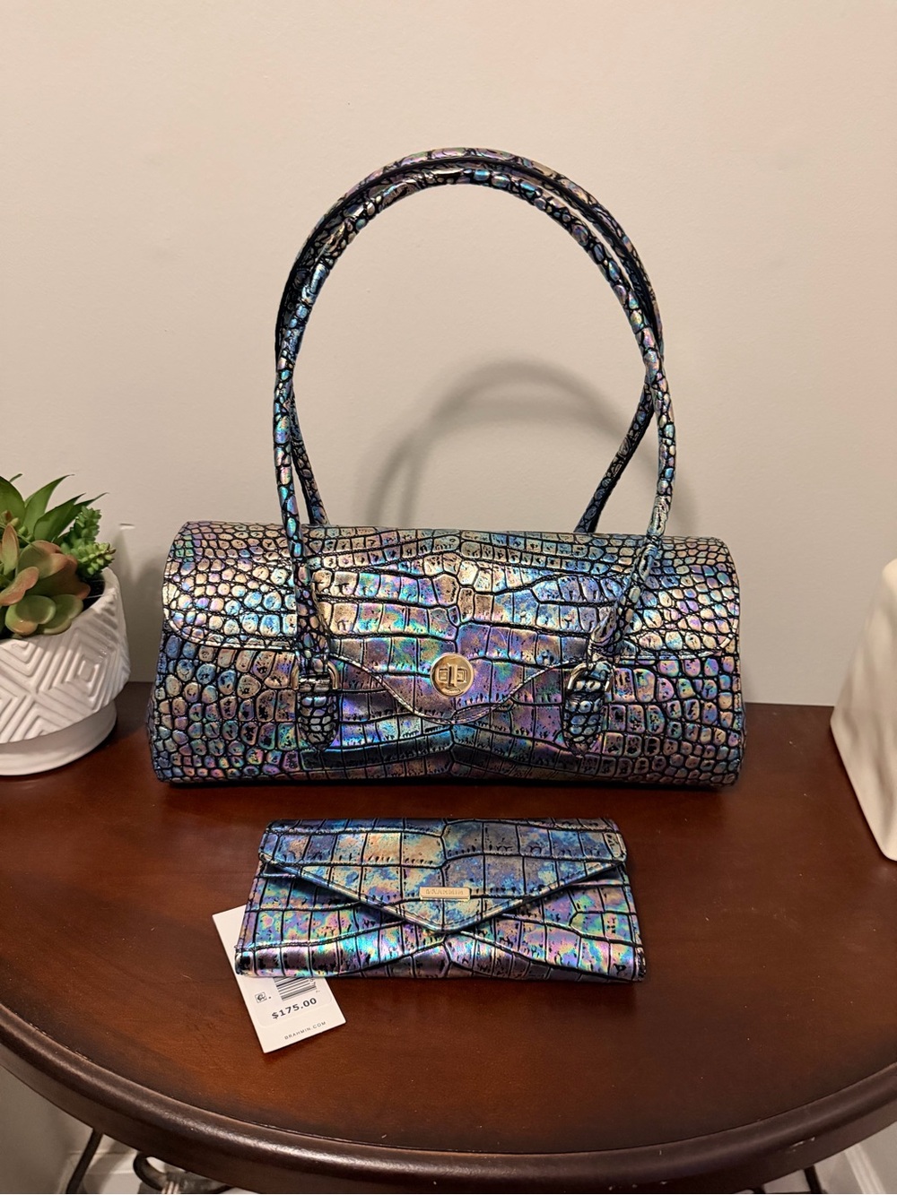 Brahmin Iridescent Croc-Embossed Dayan Bag with Matching Wallet - Black galaxia